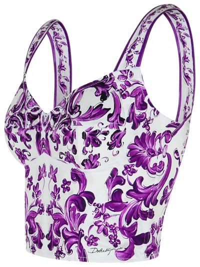 Dolce & Gabbana Violet Top With Sweetheart Neckline And All-over Graphic Print In Cotton Blend Woman In Purple