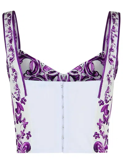 Dolce & Gabbana Violet Top With Sweetheart Neckline And All-over Graphic Print In Cotton Blend Woman In Purple
