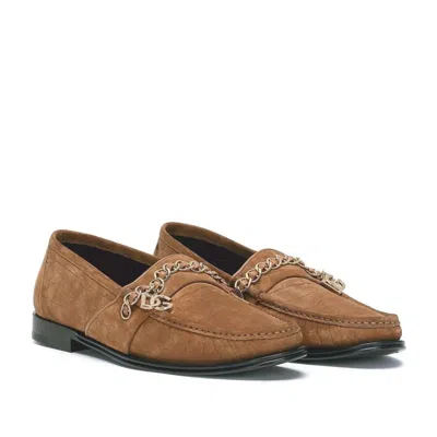 Dolce & Gabbana Brown Velvet Leather Logo Mocassin Slip On Shoes In Multi