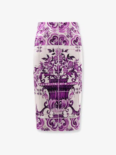 Dolce & Gabbana Maiolica Print Stretch Silk Skirt In Purple