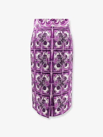 Dolce & Gabbana Maiolica Print Stretch Silk Skirt In Purple
