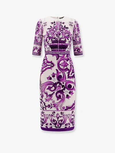 Dolce & Gabbana Violet Crewneck Dress With Rear Zip Closure And All-over Floral Print In Silk Stretch Woman