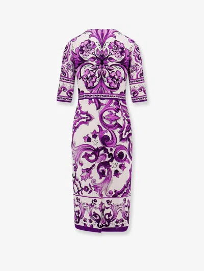 Dolce & Gabbana Violet Crewneck Dress With Rear Zip Closure And All-over Floral Print In Silk Stretch Woman