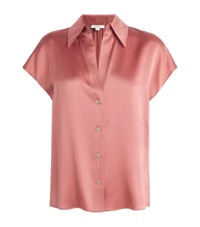 Vince Cap Sleeve Gathered Back Short Sleeve Silk Button-up Shirt