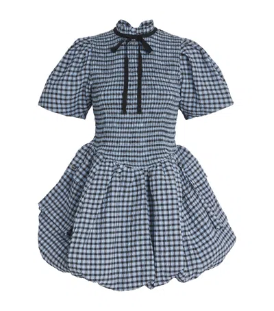Ganni Blue Seersucker Check Mini Smock Dress