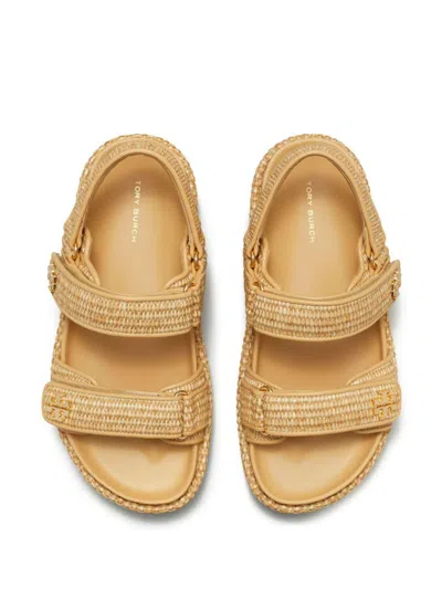 Tory Burch Raffia Kira Open Toe Textured Sole Sandals In Gold