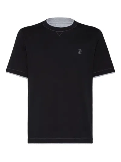 Brunello Cucinelli Logo Crew Neck Cotton T-shirt With Contrast Trim In Black
