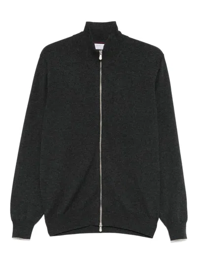 Brunello Cucinelli High Neck Cashmere Cardigan With Ribbed Cuffs In Black