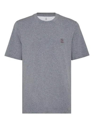 Brunello Cucinelli Men Logo Cotton T-shirt In Gray