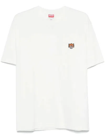 Kenzo White Crewneck T-shirt With Logo Patch On The Front In Cotton Man In White