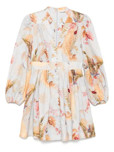 Zimmermann Ascension Light Blue Mini Dress With Flared Skirt And All-over Print In Linen Woman In Neutral