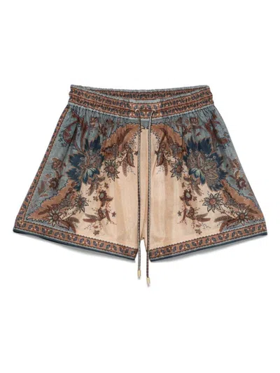 Zimmermann Ascension Multicolor Shorts With Elastic Drawstring And All-over Print In Silk Woman In Brown