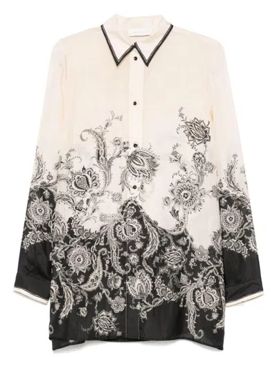 Zimmermann White Floral And Paisley Print Shirt With Contrasting Trim In Multi