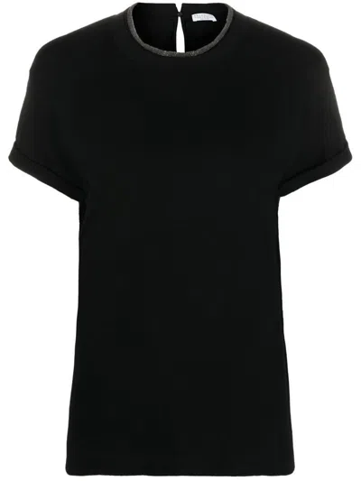 Brunello Cucinelli Short-sleeved T-shirt With Rolled Sleeves And Keyhole Detail In Black