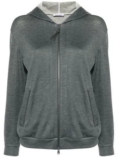 Brunello Cucinelli Cotton And Silk Blend Hooded Zipped Cardigan In Gray