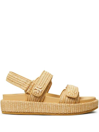 Tory Burch Raffia Kira Open Toe Textured Sole Sandals In Gold