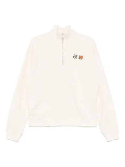 Maison Kitsuné Double Bold Fox Head Half Zip Comfort Sweatshirt In Neutral
