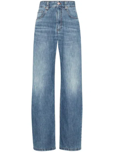 Brunello Cucinelli Wide-leg Blue Jeans With Whiskering Effect And Classic Five-pocket Design In Blue