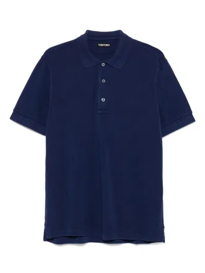 Tom Ford Blue Polo T-shirt With Embroidered Tone On Tone Logo In Cotton Man In Blue