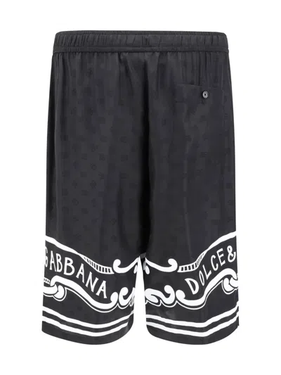 Dolce & Gabbana Black Bermuda Pants With Drawstring Elastic Waist And Maxi Print In Silk Man In Black