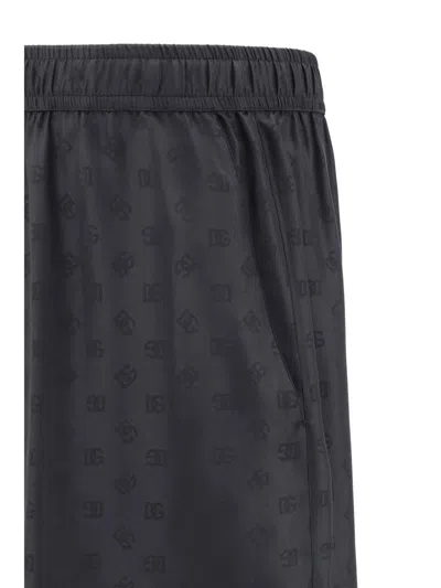 Dolce & Gabbana Black Bermuda Pants With Drawstring Elastic Waist And Maxi Print In Silk Man In Black