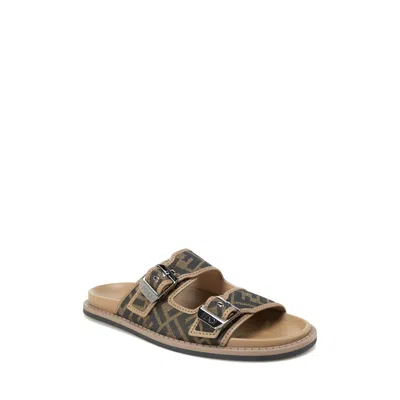 Fendi Canvas Feel Slippers With Adjustable Straps And Ff Motif Embroidery In Brown