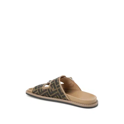 Fendi Canvas Feel Slippers With Adjustable Straps And Ff Motif Embroidery In Brown