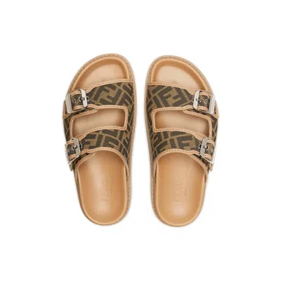 Fendi Canvas Feel Slippers With Adjustable Straps And Ff Motif Embroidery In Brown