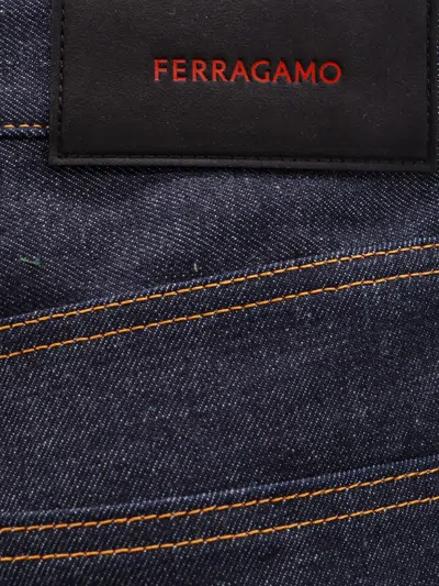 Ferragamo Men Five Pockets Jeans With Logo Tag In Blue