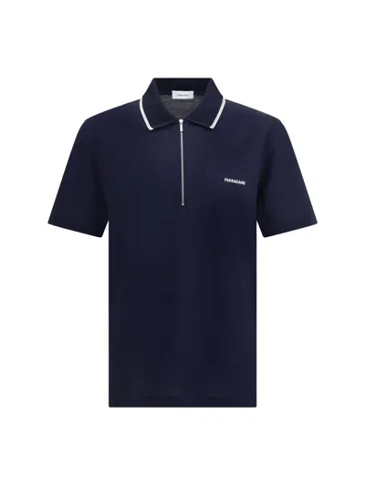 Ferragamo Zip Collar Polo Shirt In Blue