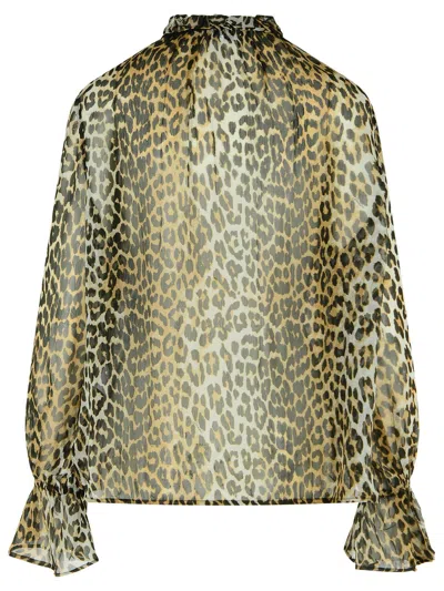 Ganni Leopard Print Viscose Shirt With Flared Hem In Brown