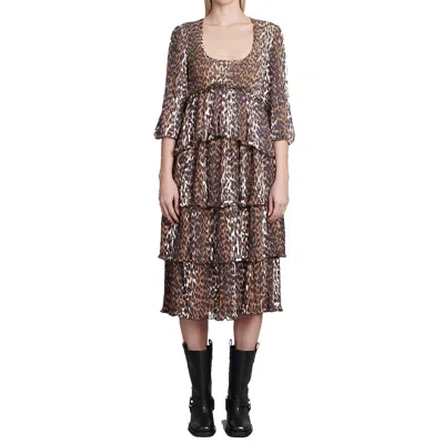 Ganni Leopard Pleated Georgette Flounce Smock Midi Dress