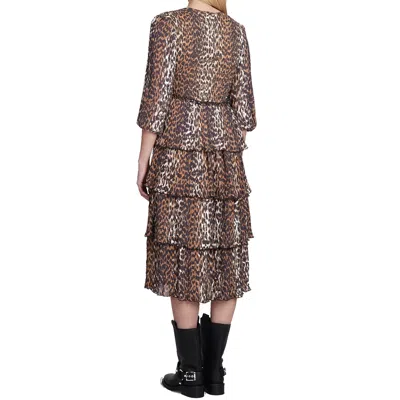 Ganni Leopard Pleated Georgette Flounce Smock Midi Dress
