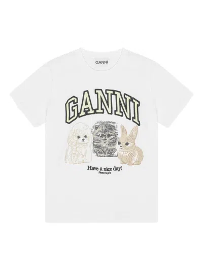 Ganni White Crew-neck Cotton T-shirt With Animal Print In White