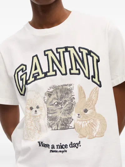 Ganni White Crew-neck Cotton T-shirt With Animal Print In White