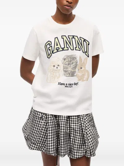 Ganni White Crew-neck Cotton T-shirt With Animal Print In White