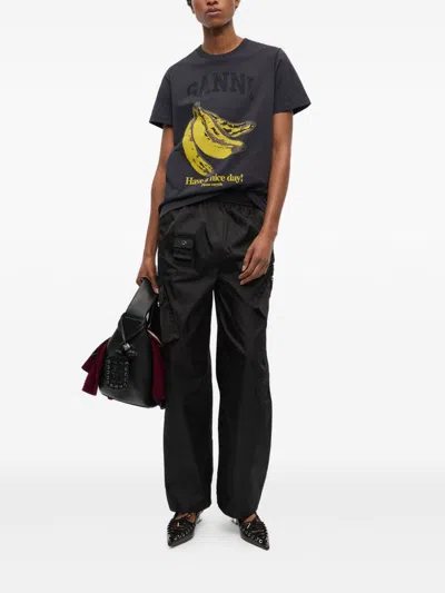 Ganni Crew-neck Cotton T-shirt With Banana Print In Black