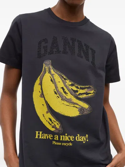 Ganni Crew-neck Cotton T-shirt With Banana Print In Black
