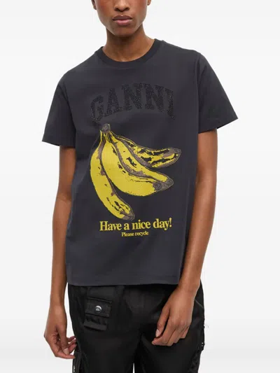 Ganni Crew-neck Cotton T-shirt With Banana Print In Black
