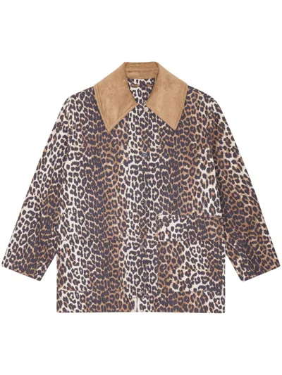 Ganni Long Sleeve Animal Print Jacket With Wide Collar In Brown