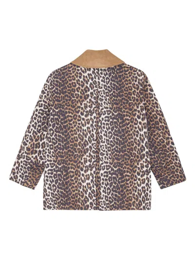 Ganni Long Sleeve Animal Print Jacket With Wide Collar In Brown