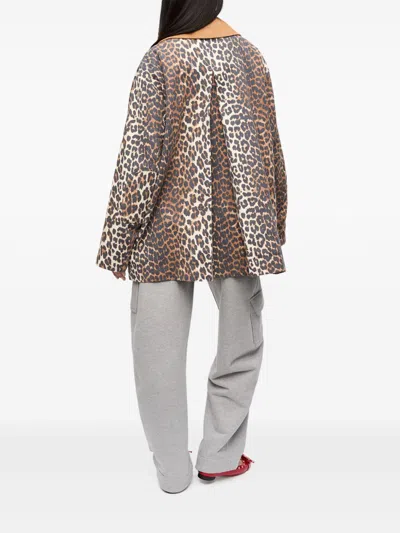 Ganni Long Sleeve Animal Print Jacket With Wide Collar In Brown