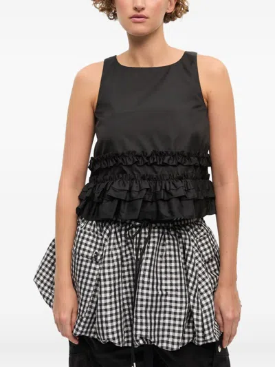 Ganni Checkered Tank Top Featuring Ruffle Detailing In Black