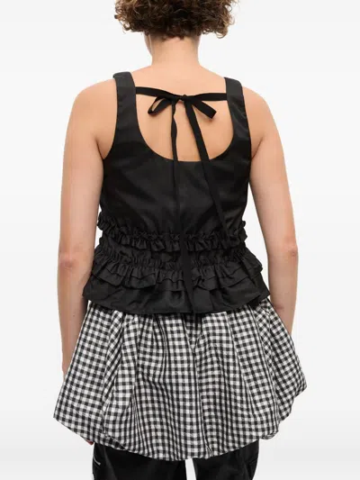 Ganni Checkered Tank Top Featuring Ruffle Detailing In Black