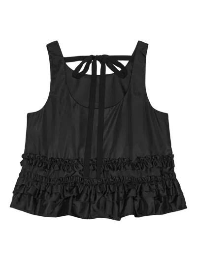 Ganni Checkered Tank Top Featuring Ruffle Detailing In Black