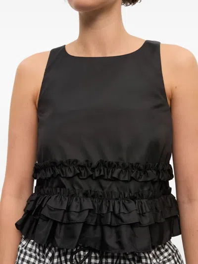 Ganni Checkered Tank Top Featuring Ruffle Detailing In Black