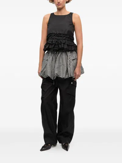 Ganni Checkered Tank Top Featuring Ruffle Detailing In Black