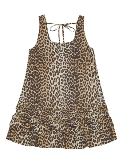 Ganni Brown Leopard Cotton Poplin Mini Dress In Brown