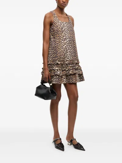 Ganni Brown Leopard Cotton Poplin Mini Dress In Brown
