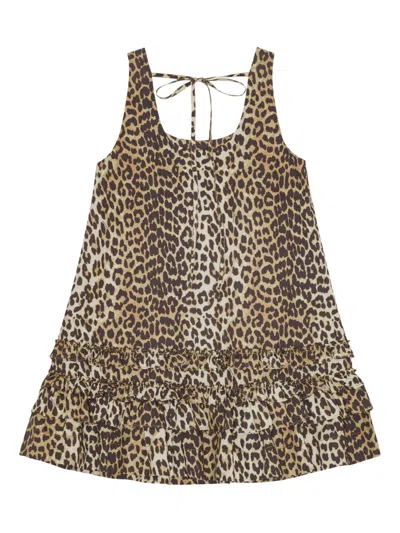 Ganni Brown Leopard Cotton Poplin Mini Dress In Brown